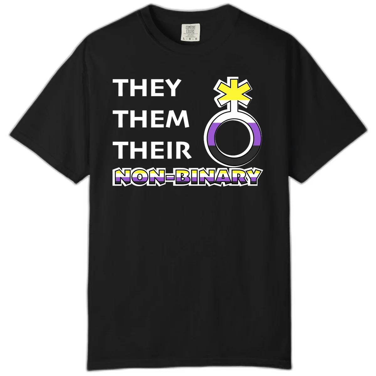 They/Them/Their Non-Binary Pride design featuring a female symbol in non-binary flag colors with bold text pronouns in Black