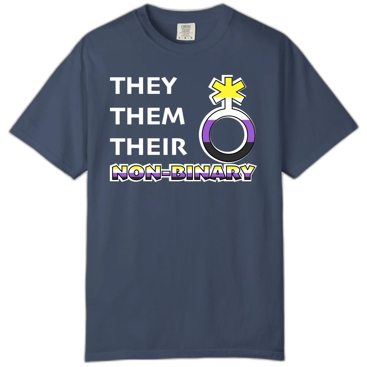 They/Them/Their Non-Binary Pride design featuring a female symbol in non-binary flag colors with bold text pronouns in Midnight