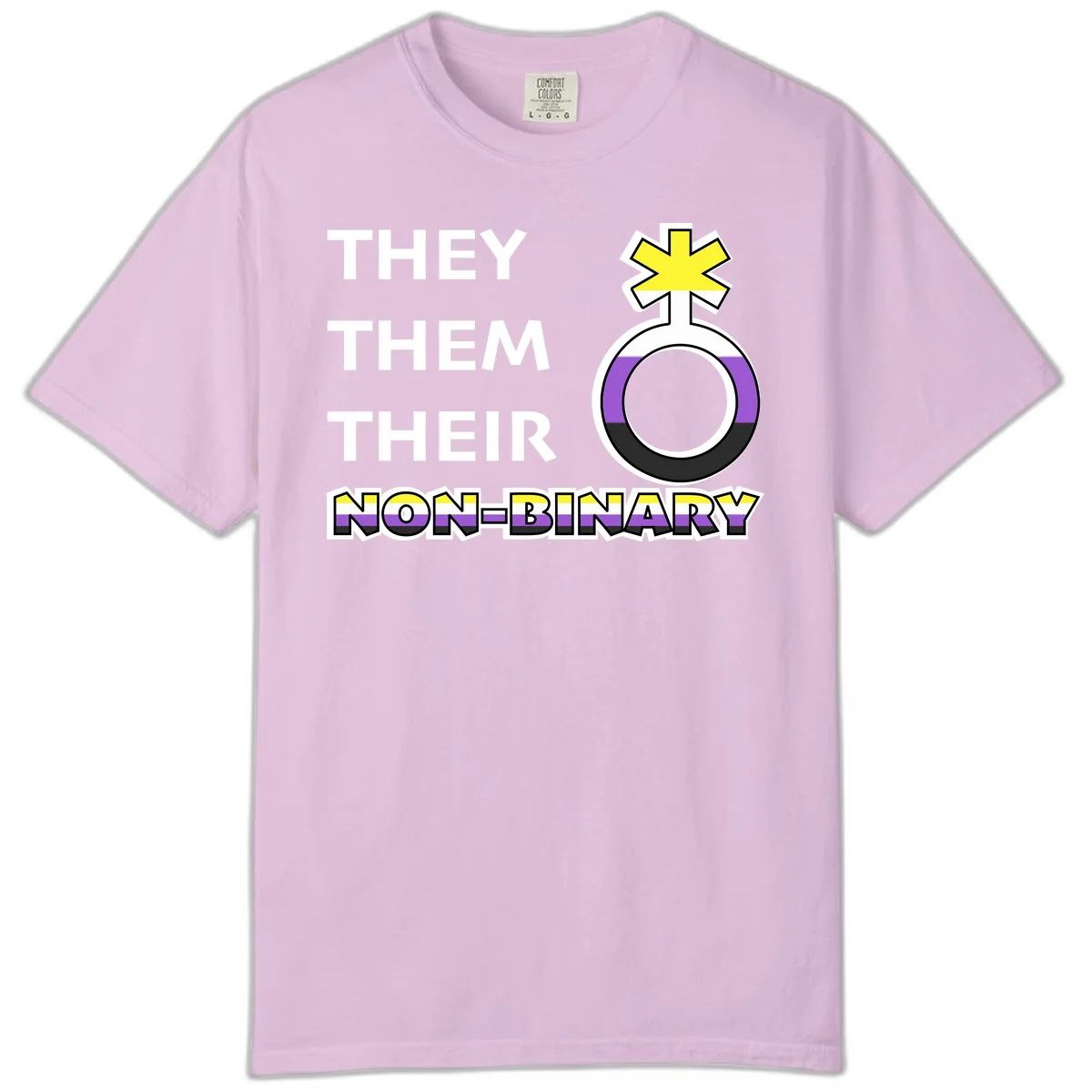 They/Them/Their Non-Binary Pride design featuring a female symbol in non-binary flag colors with bold text pronouns in Orchid