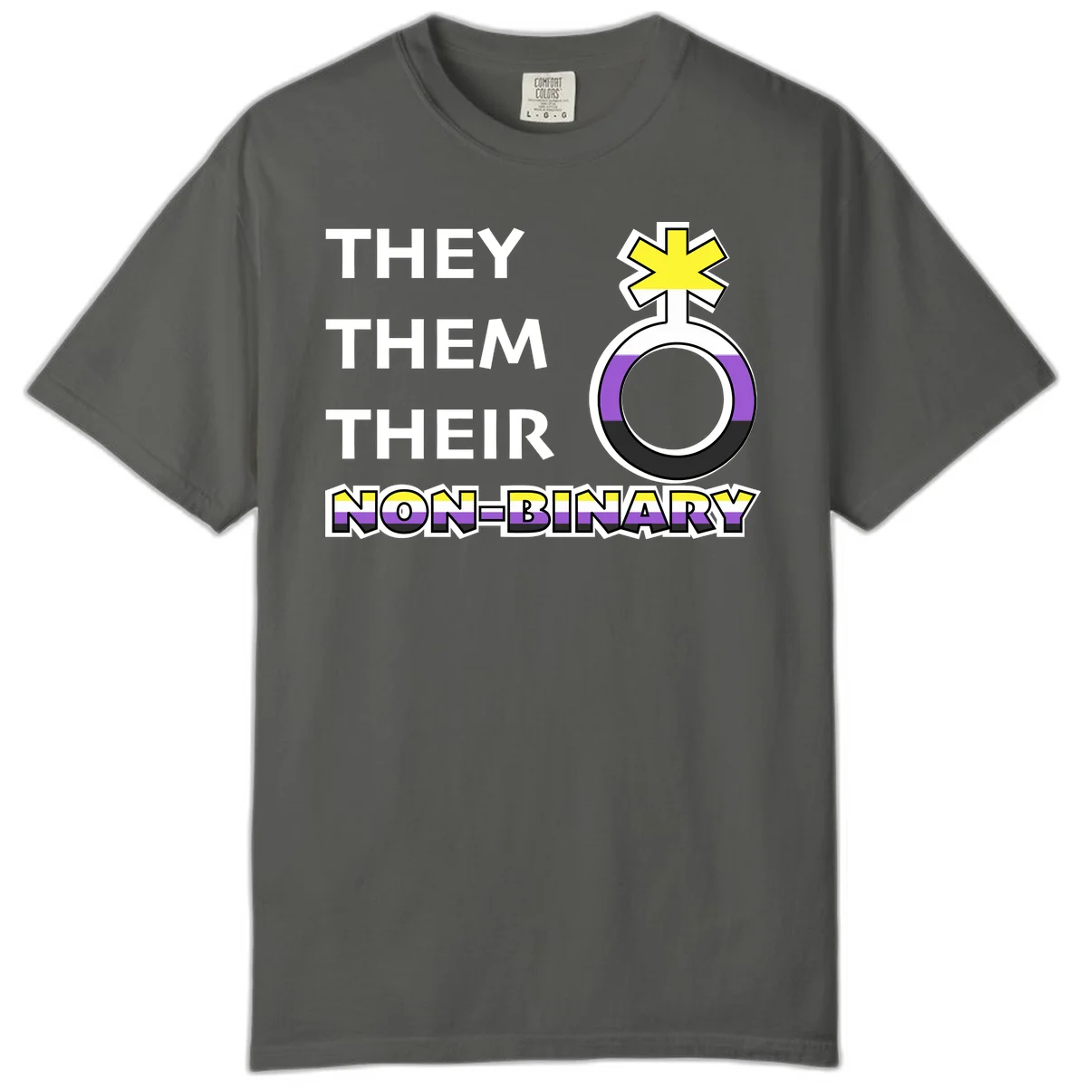 They/Them/Their Non-Binary Pride design featuring a female symbol in non-binary flag colors with bold text pronouns in Pepper