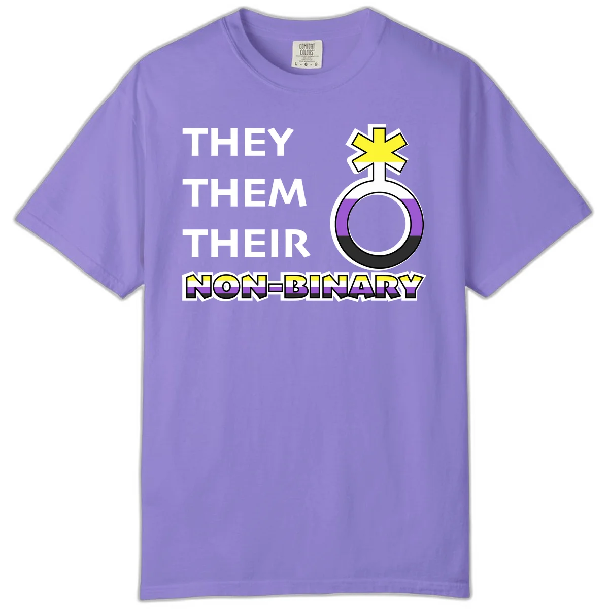 They/Them/Their Non-Binary Pride design featuring a female symbol in non-binary flag colors with bold text pronouns in Violet