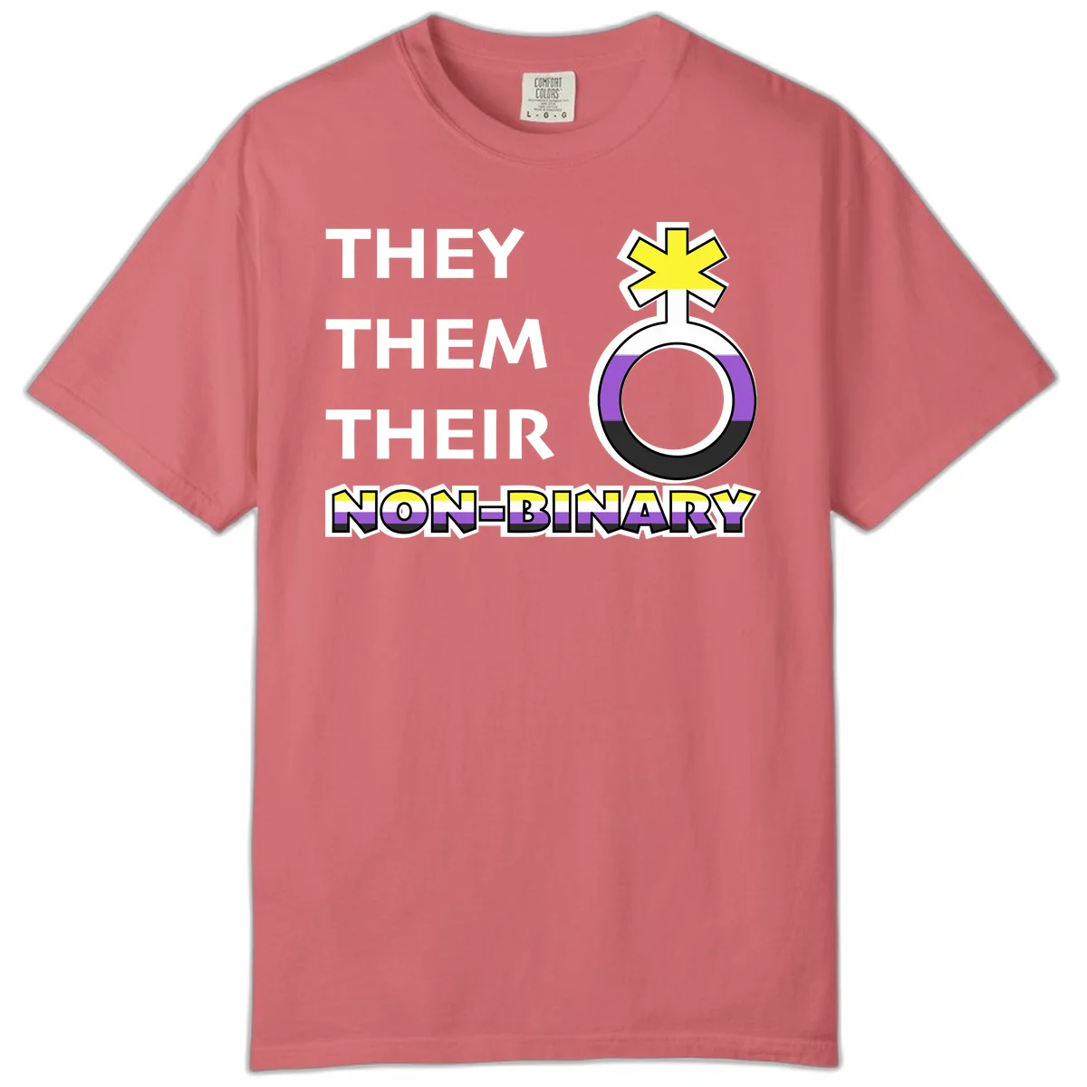 They/Them/Their Non-Binary Pride design featuring a female symbol in non-binary flag colors with bold text pronouns in Watermelon