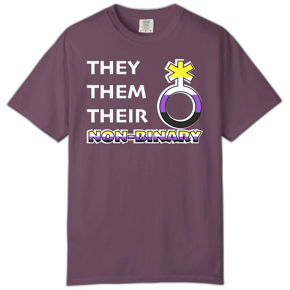 They/Them/Their Non-Binary Pride design featuring a female symbol in non-binary flag colors with bold text pronouns in Berry