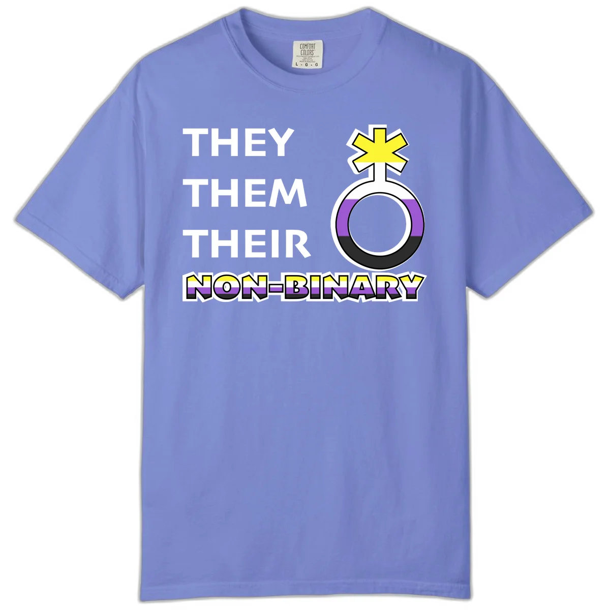 They/Them/Their Non-Binary Pride design featuring a female symbol in non-binary flag colors with bold text pronouns in Flo Blue