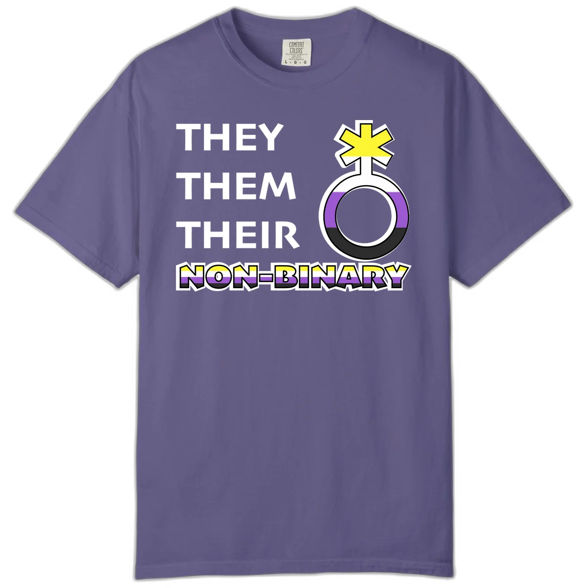 They/Them/Their Non-Binary Pride design featuring a female symbol in non-binary flag colors with bold text pronouns in Grape