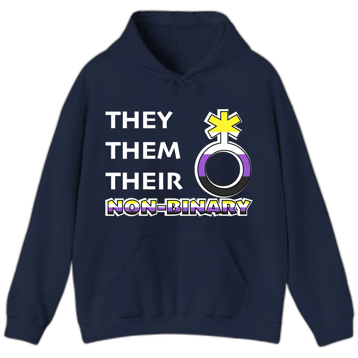 They/Them/Their Non-Binary Pride design featuring a female symbol in non-binary flag colors with bold text pronouns in Navy