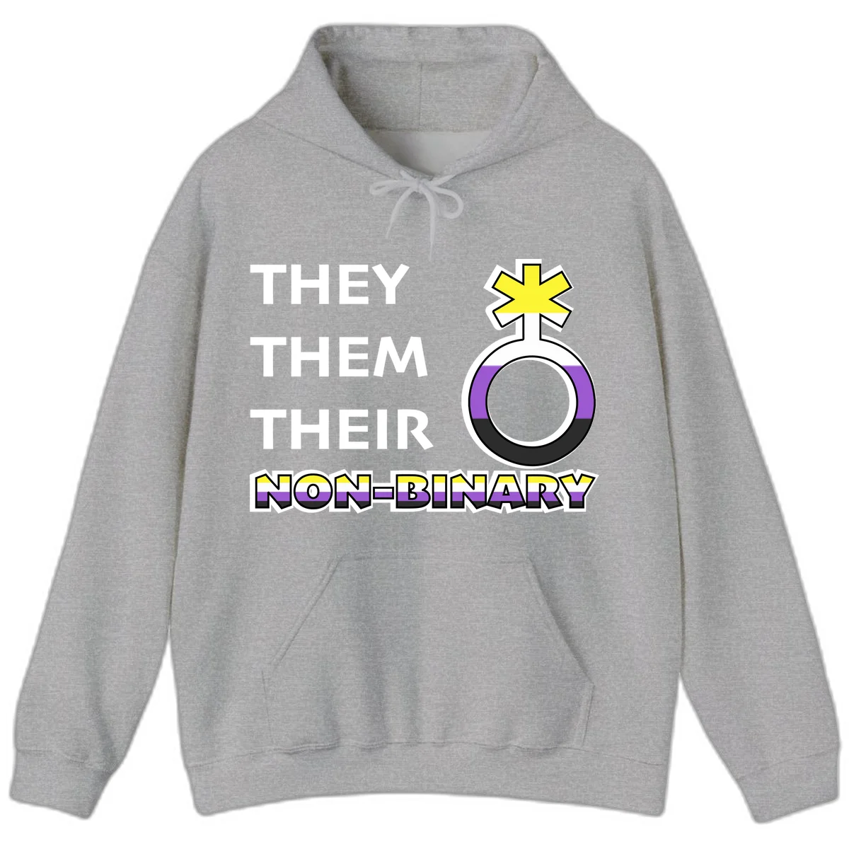 They/Them/Their Non-Binary Pride design featuring a female symbol in non-binary flag colors with bold text pronouns in Sport Grey