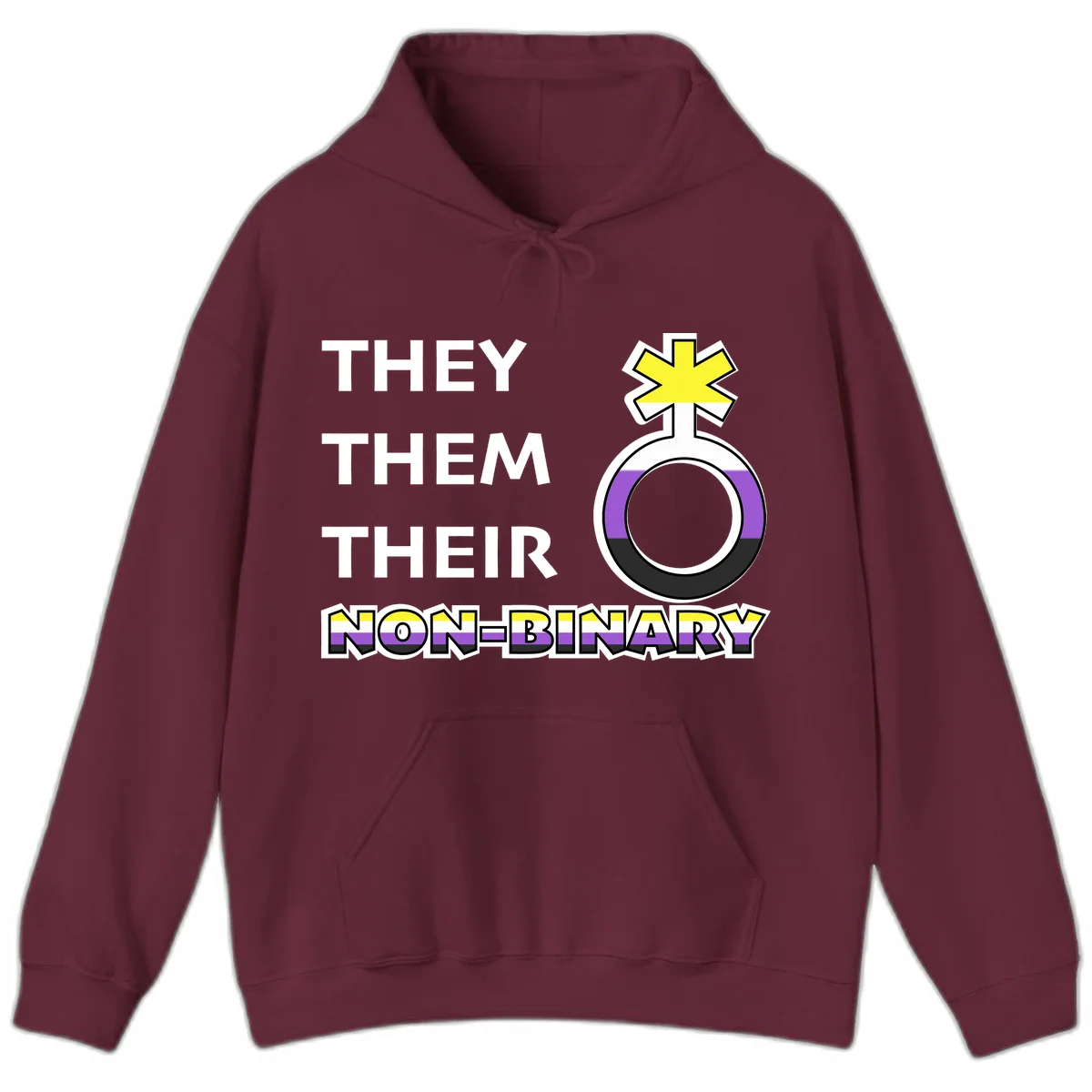 They/Them/Their Non-Binary Pride design featuring a female symbol in non-binary flag colors with bold text pronouns in Maroon