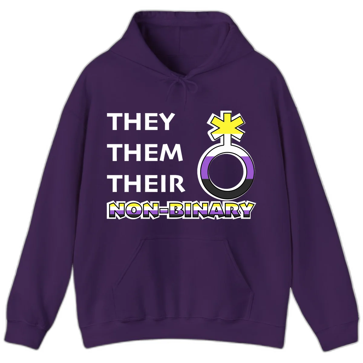 They/Them/Their Non-Binary Pride design featuring a female symbol in non-binary flag colors with bold text pronouns in Purple