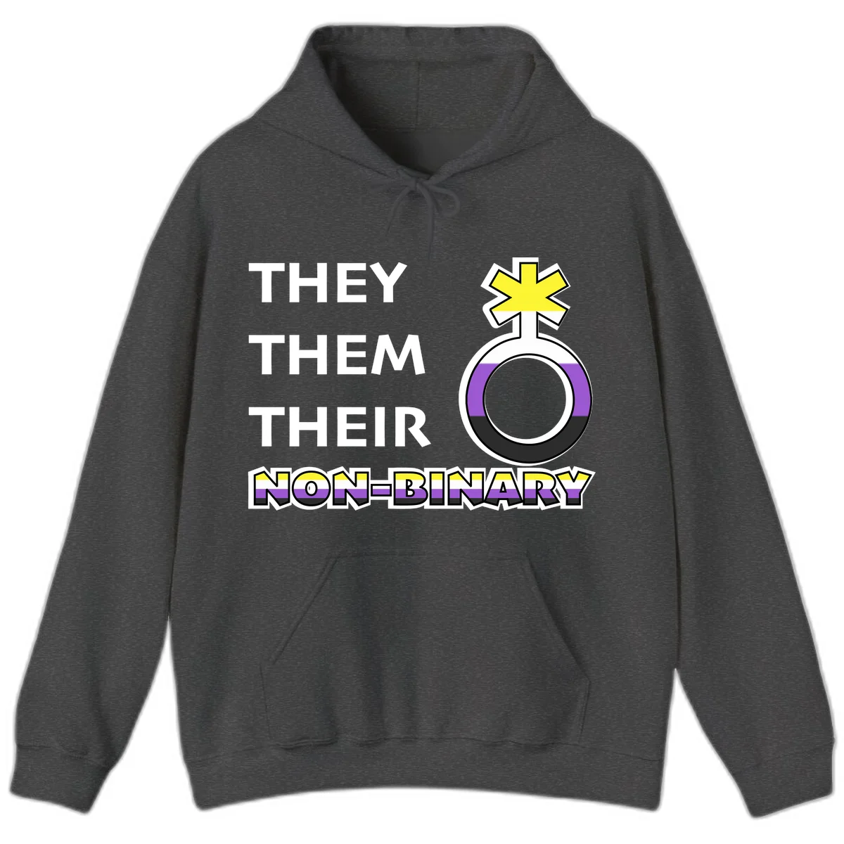 They/Them/Their Non-Binary Pride design featuring a female symbol in non-binary flag colors with bold text pronouns in Dark Heather