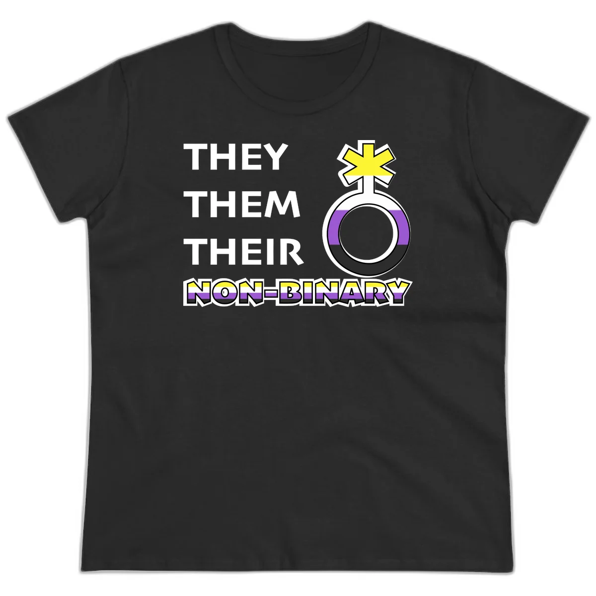 They/Them/Their Non-Binary Pride design featuring a female symbol in non-binary flag colors with bold text pronouns in Black