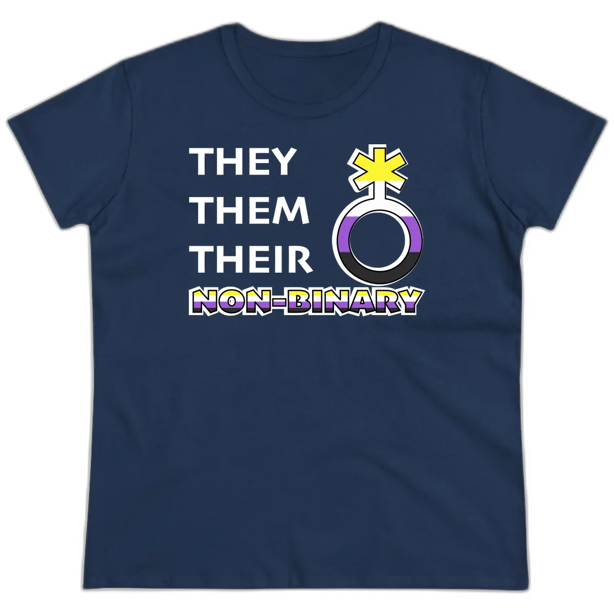 They/Them/Their Non-Binary Pride design featuring a female symbol in non-binary flag colors with bold text pronouns in Navy