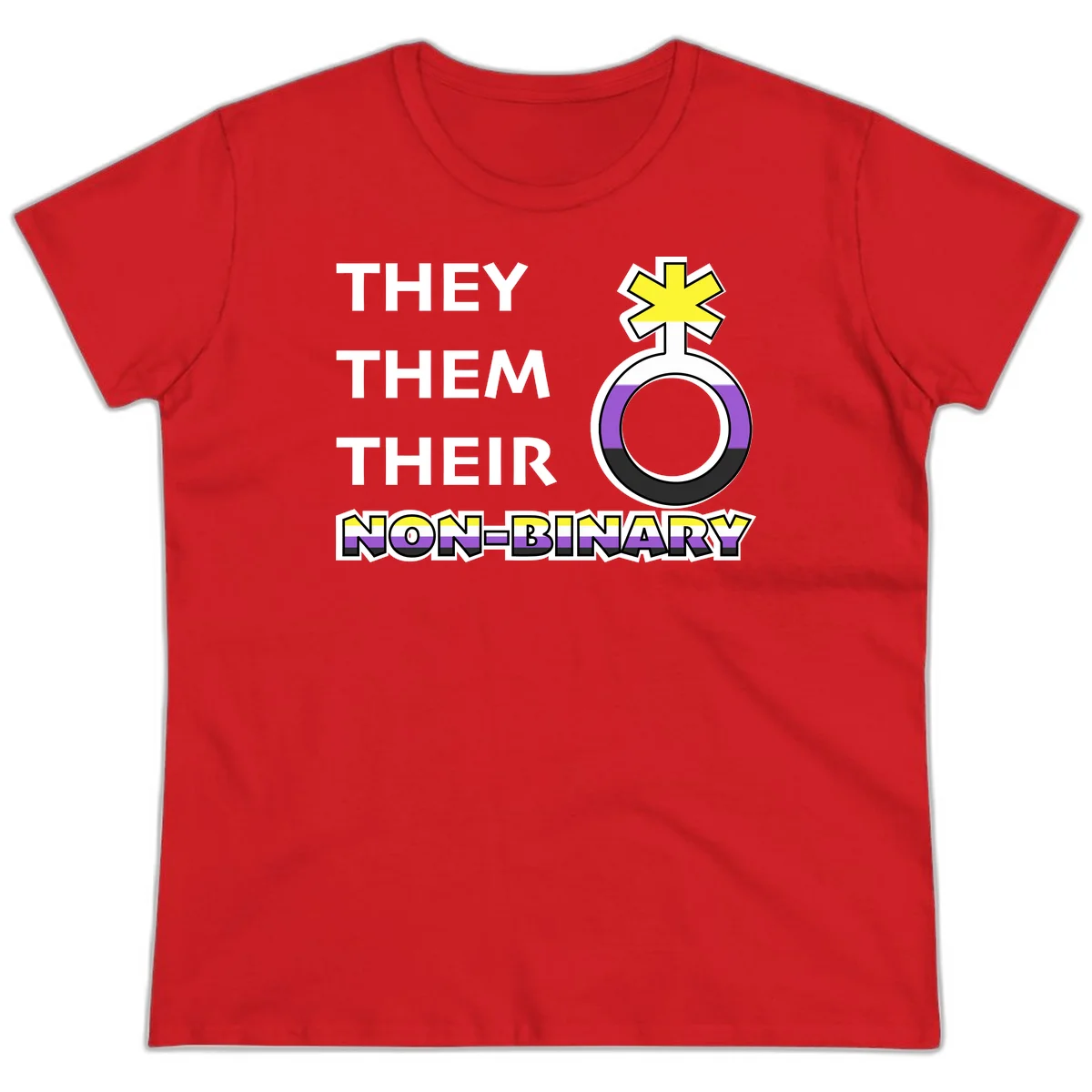 They/Them/Their Non-Binary Pride design featuring a female symbol in non-binary flag colors with bold text pronouns in Red
