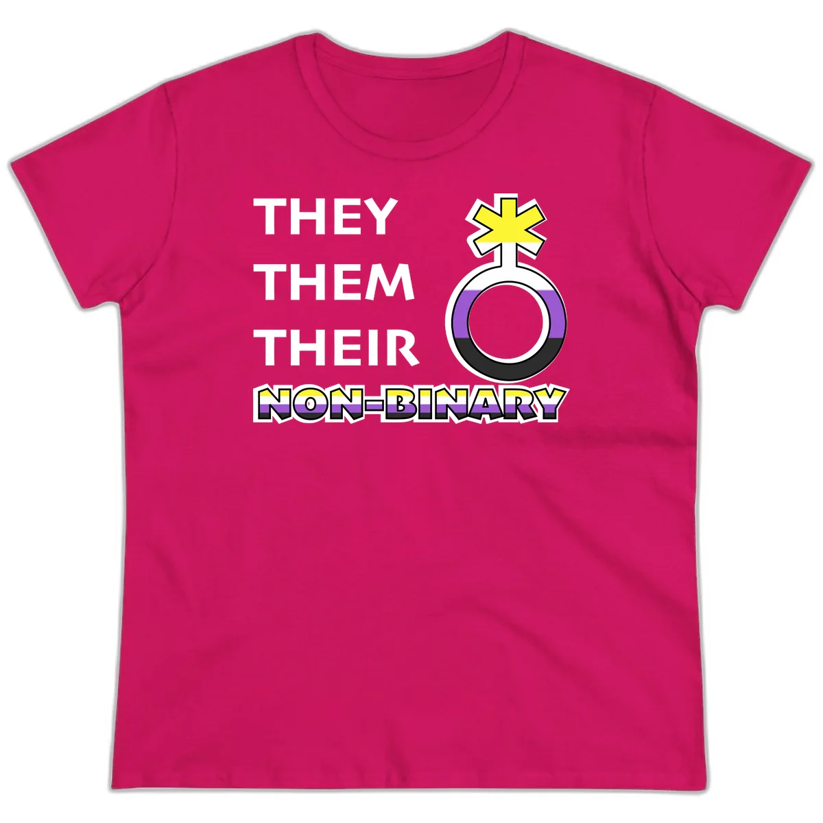 They/Them/Their Non-Binary Pride design featuring a female symbol in non-binary flag colors with bold text pronouns in Heliconia