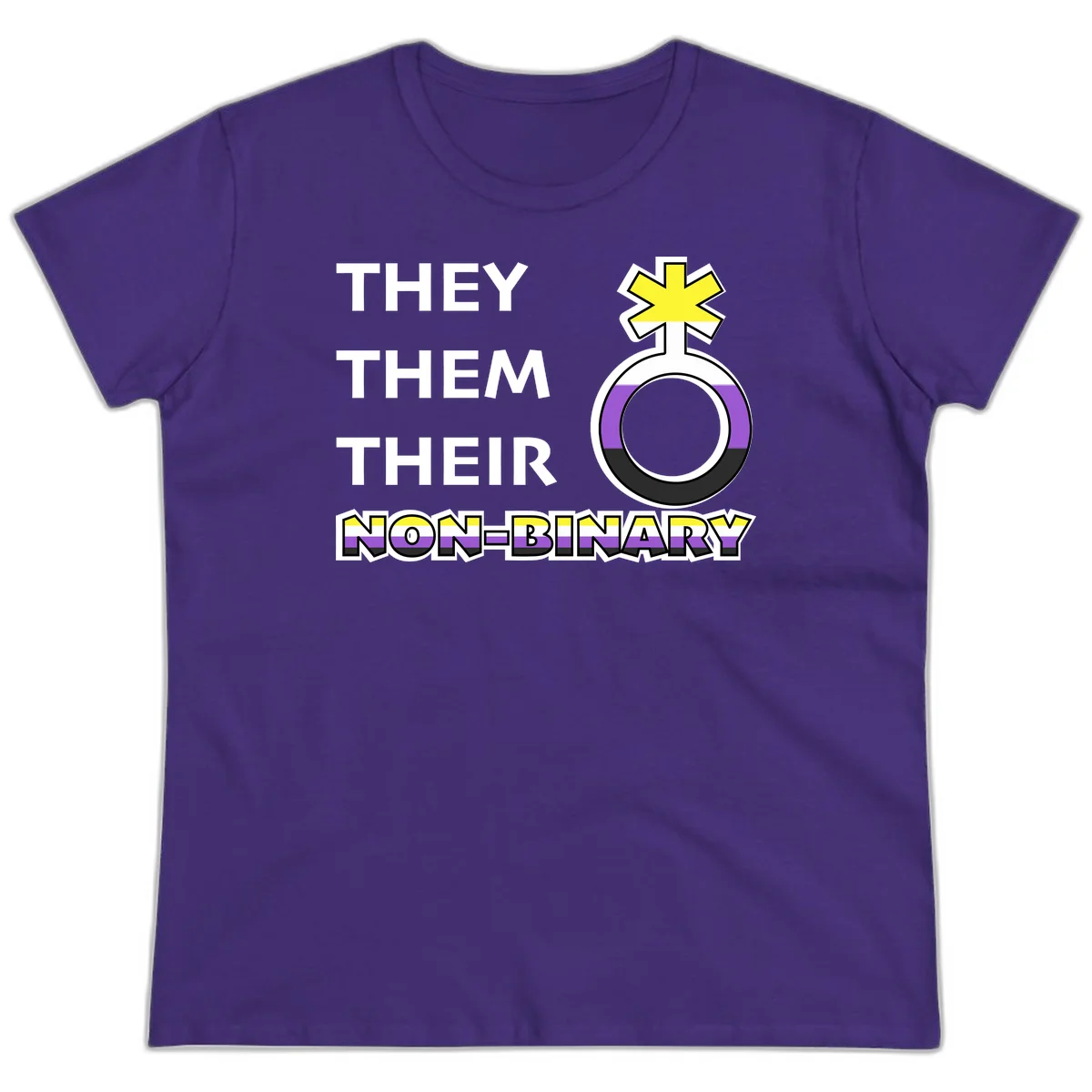They/Them/Their Non-Binary Pride design featuring a female symbol in non-binary flag colors with bold text pronouns in Purple