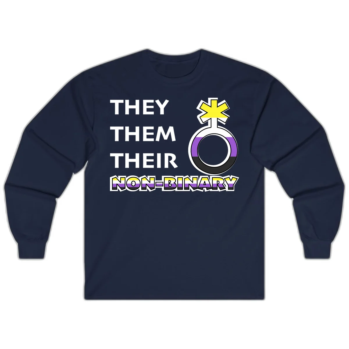 They/Them/Their Non-Binary Pride design featuring a female symbol in non-binary flag colors with bold text pronouns in Navy
