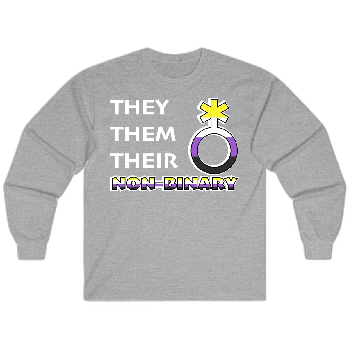 They/Them/Their Non-Binary Pride design featuring a female symbol in non-binary flag colors with bold text pronouns in Sport Grey