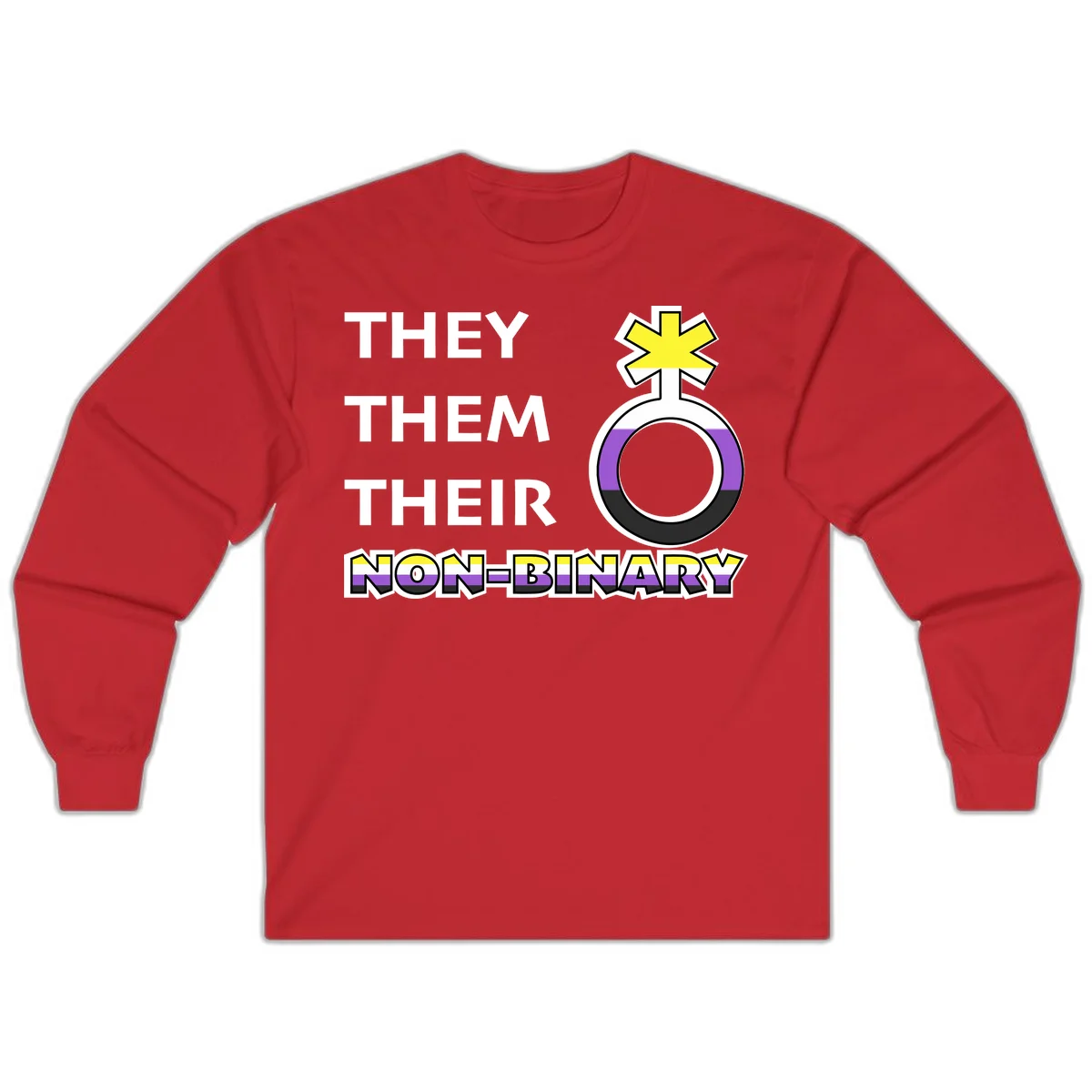 They/Them/Their Non-Binary Pride design featuring a female symbol in non-binary flag colors with bold text pronouns in Red