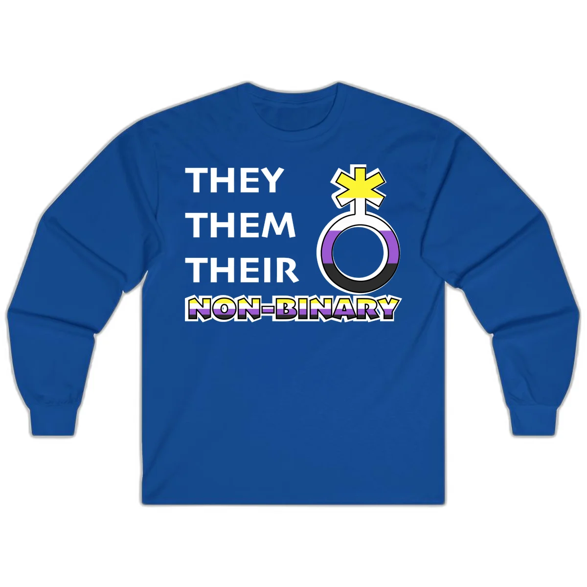 They/Them/Their Non-Binary Pride design featuring a female symbol in non-binary flag colors with bold text pronouns in Royal