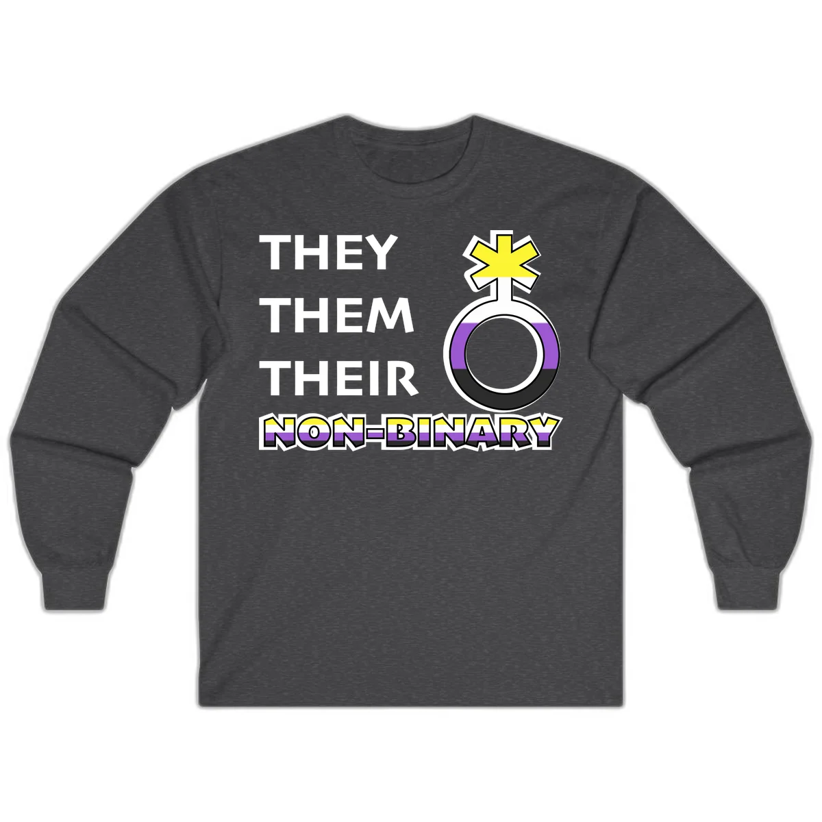 They/Them/Their Non-Binary Pride design featuring a female symbol in non-binary flag colors with bold text pronouns in Dark Heather