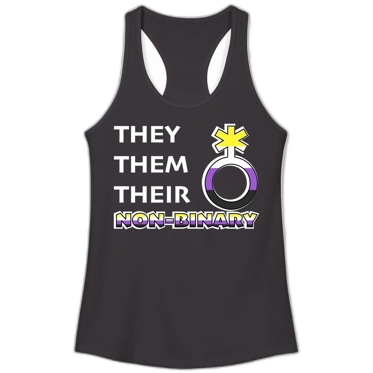 They/Them/Their Non-Binary Pride design featuring a female symbol in non-binary flag colors with bold text pronouns in Black
