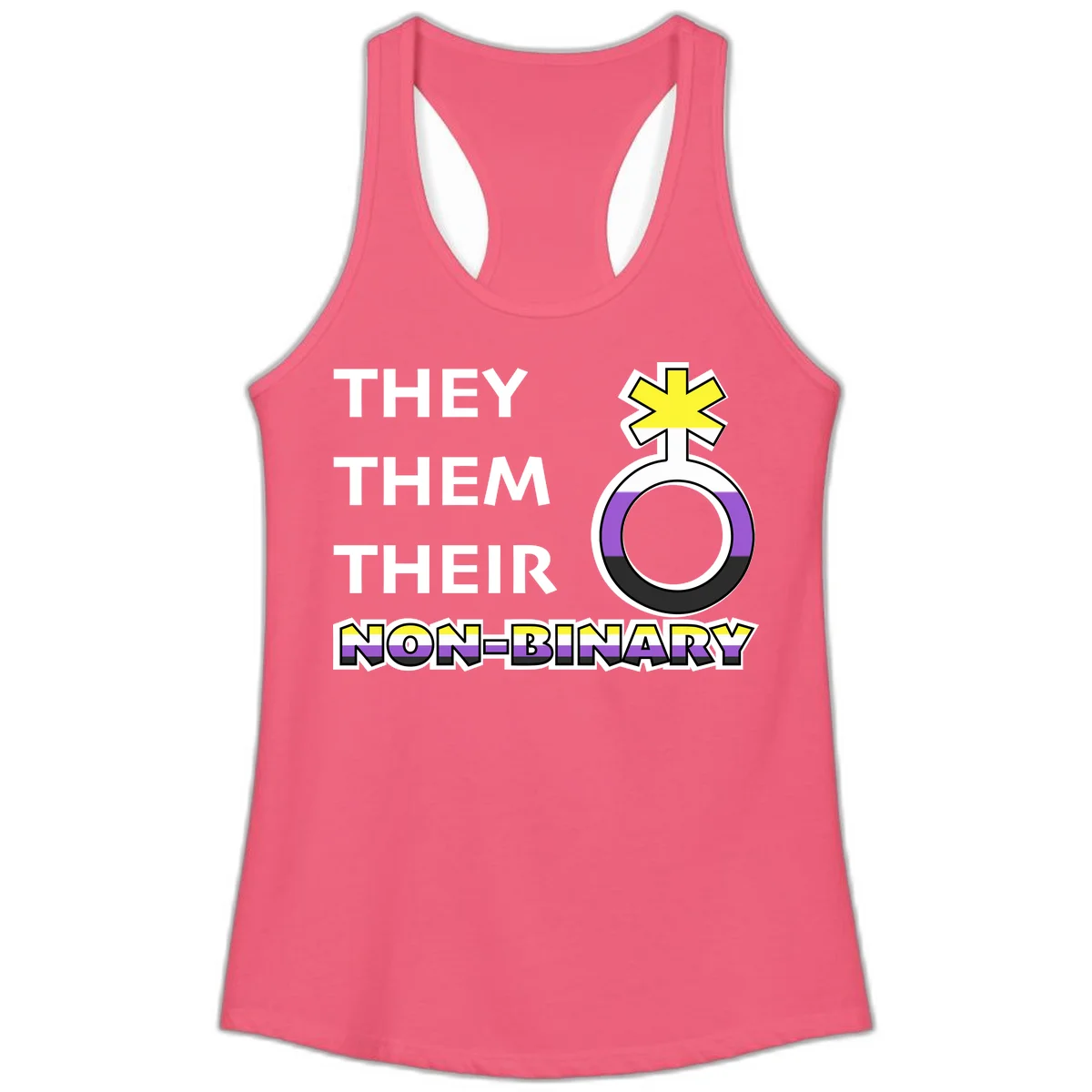 They/Them/Their Non-Binary Pride design featuring a female symbol in non-binary flag colors with bold text pronouns in Hot Pink