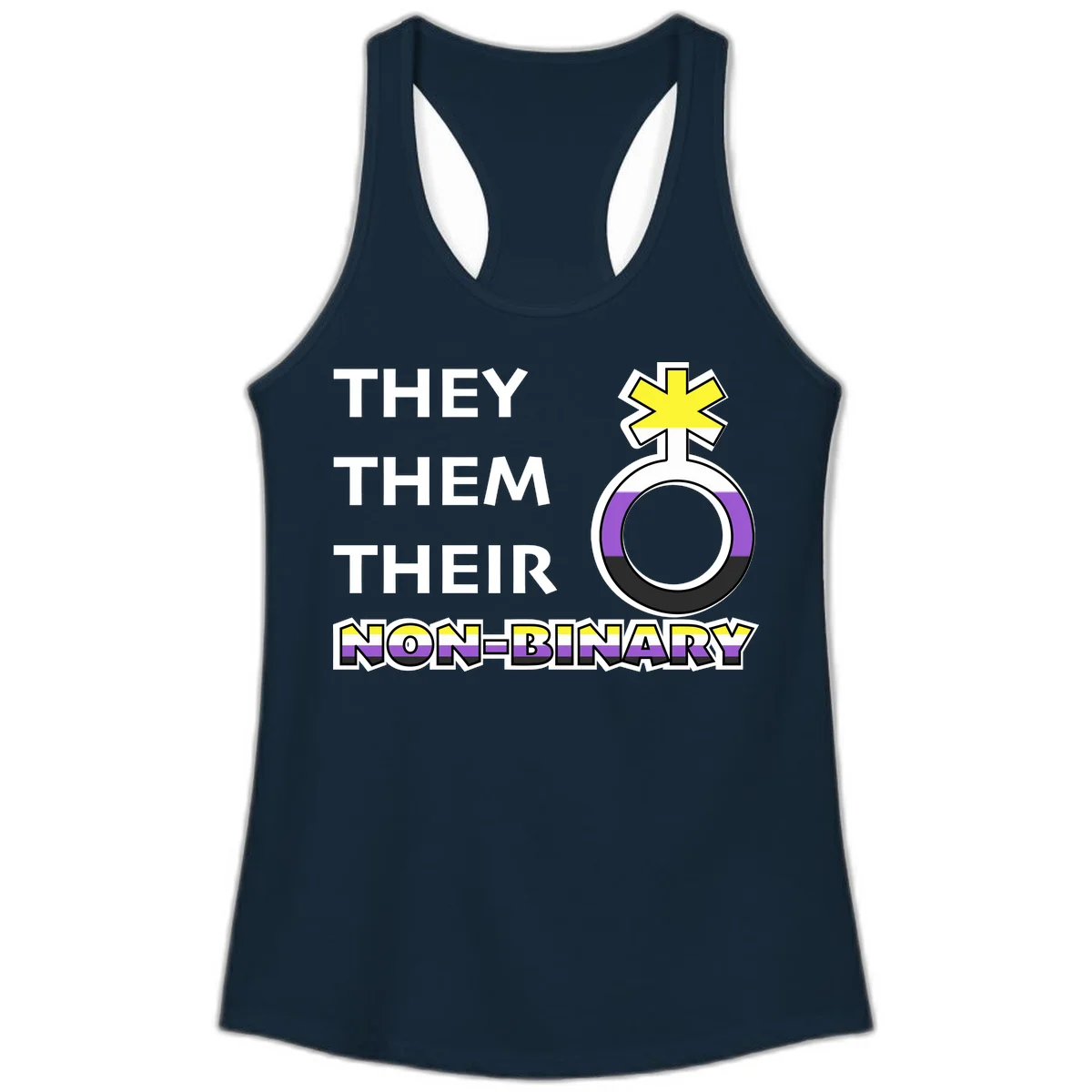 They/Them/Their Non-Binary Pride design featuring a female symbol in non-binary flag colors with bold text pronouns in Solid Midnight Navy