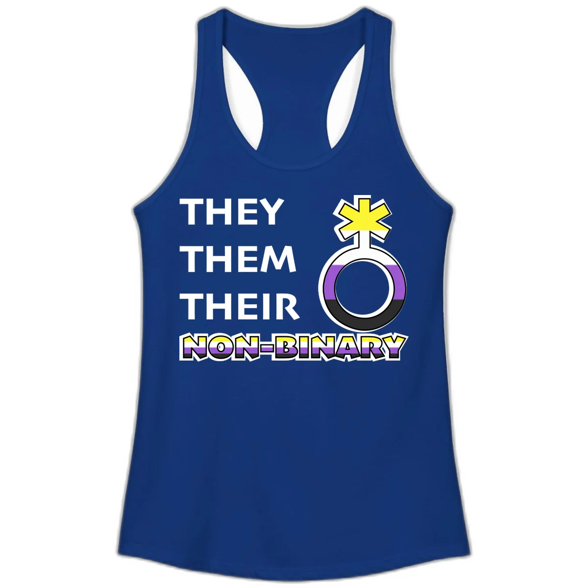 They/Them/Their Non-Binary Pride design featuring a female symbol in non-binary flag colors with bold text pronouns in Solid Royal