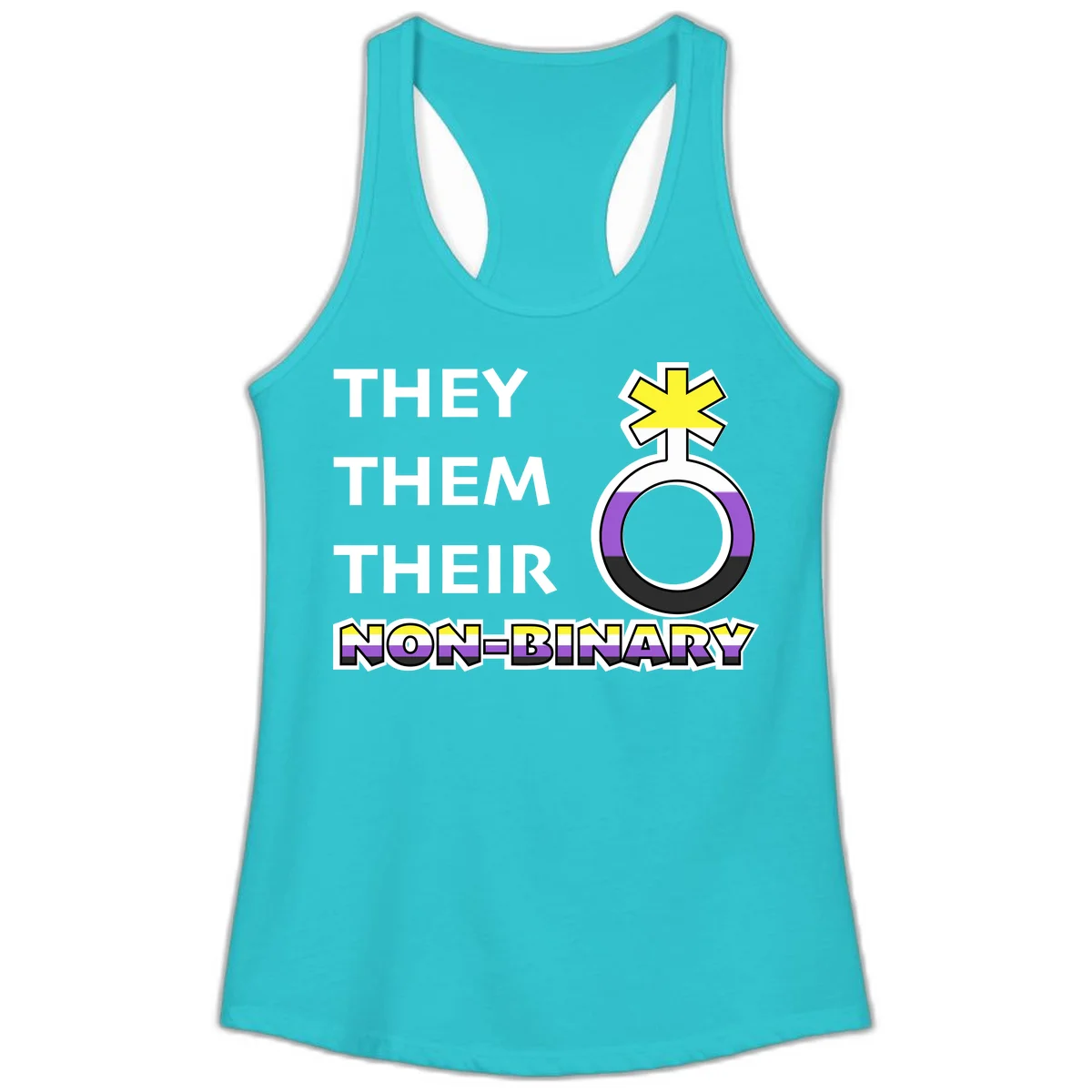 They/Them/Their Non-Binary Pride design featuring a female symbol in non-binary flag colors with bold text pronouns in Solid Tahiti Blue