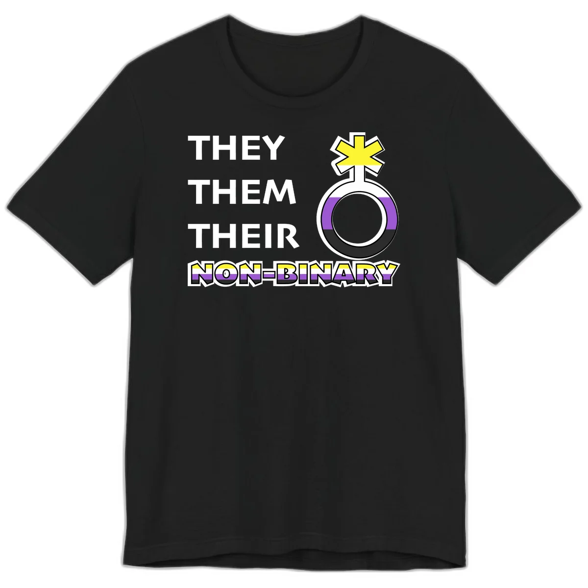 They/Them/Their Non-Binary Pride design featuring a female symbol in non-binary flag colors with bold text pronouns in Black