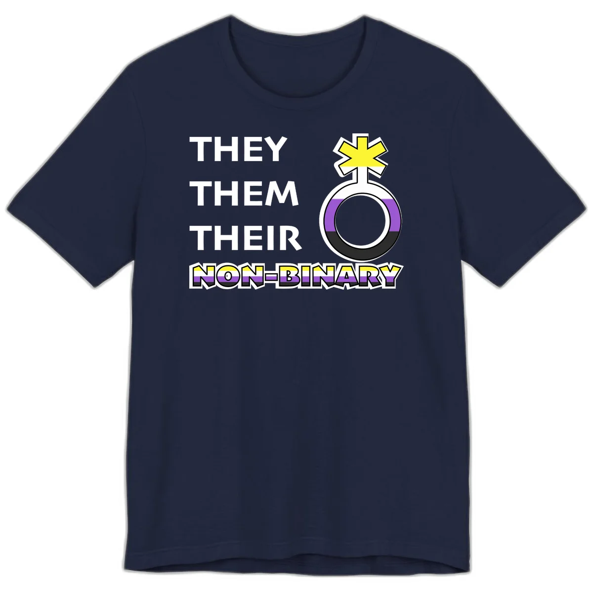 They/Them/Their Non-Binary Pride design featuring a female symbol in non-binary flag colors with bold text pronouns in Navy