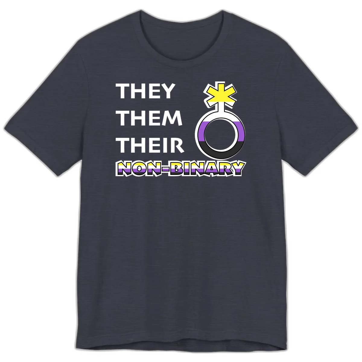 They/Them/Their Non-Binary Pride design featuring a female symbol in non-binary flag colors with bold text pronouns in Heather Midnight Navy
