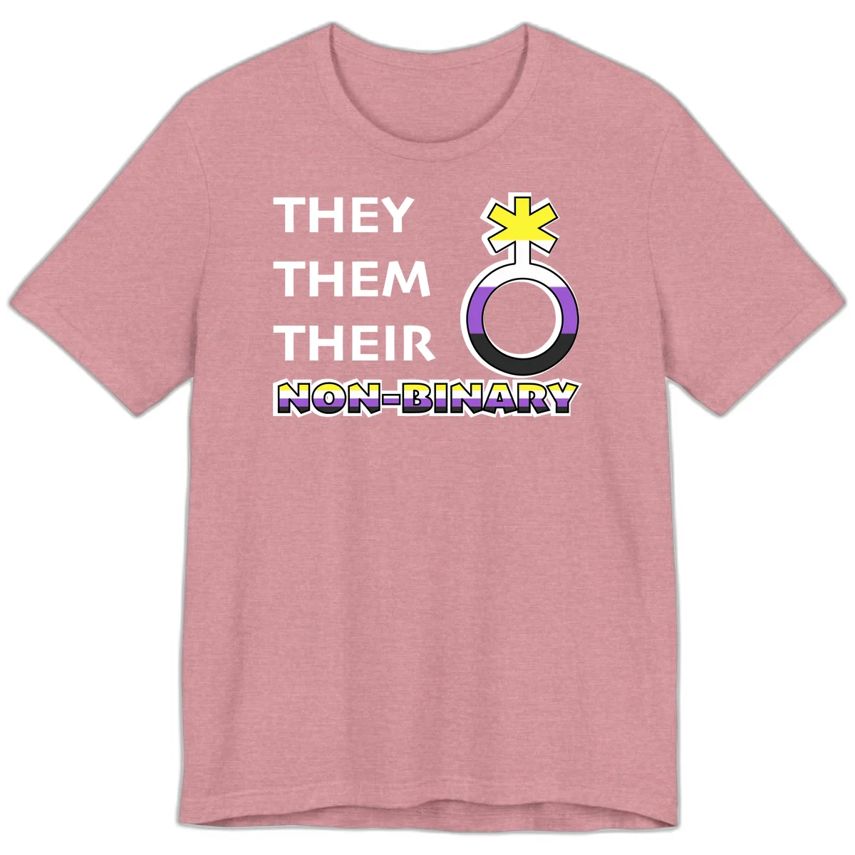They/Them/Their Non-Binary Pride design featuring a female symbol in non-binary flag colors with bold text pronouns in Heather Orchid