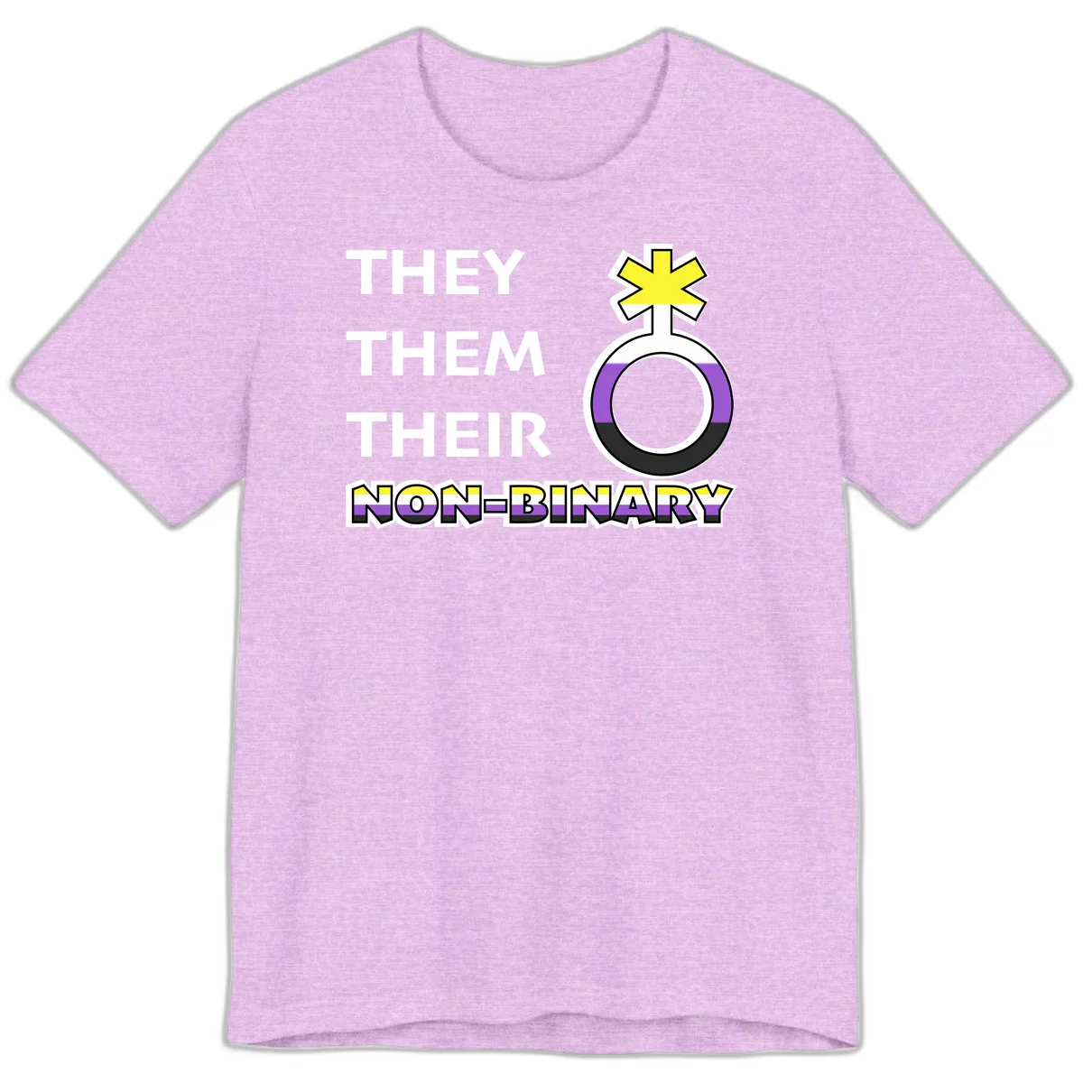 They/Them/Their Non-Binary Pride design featuring a female symbol in non-binary flag colors with bold text pronouns in Heather Prism Lilac