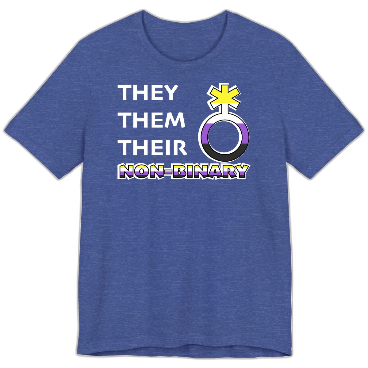They/Them/Their Non-Binary Pride design featuring a female symbol in non-binary flag colors with bold text pronouns in Heather True Royal