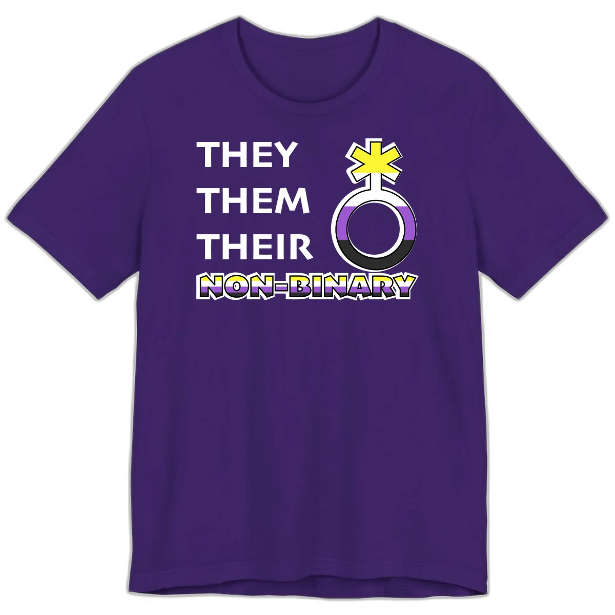 They/Them/Their Non-Binary Pride design featuring a female symbol in non-binary flag colors with bold text pronouns in Team Purple