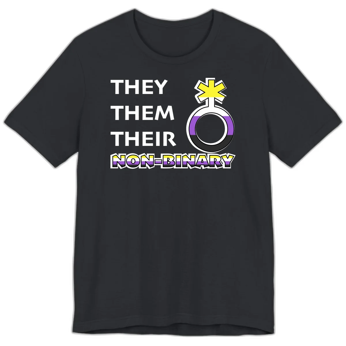 They/Them/Their Non-Binary Pride design featuring a female symbol in non-binary flag colors with bold text pronouns in Vintage Black