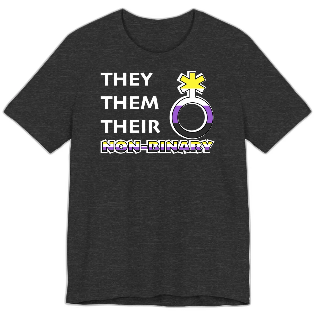 They/Them/Their Non-Binary Pride design featuring a female symbol in non-binary flag colors with bold text pronouns in Dark Grey Heather