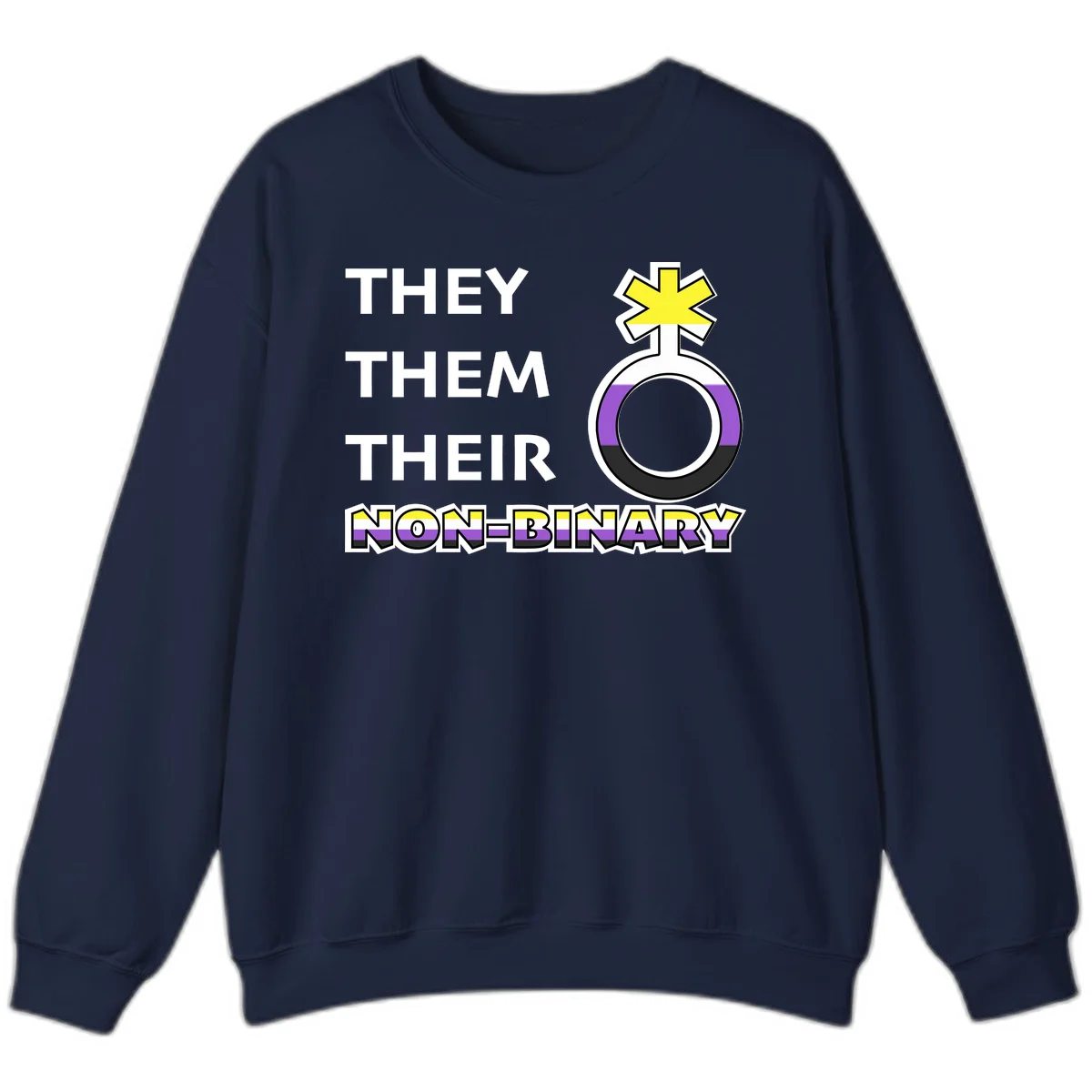 They/Them/Their Non-Binary Pride design featuring a female symbol in non-binary flag colors with bold text pronouns in Navy