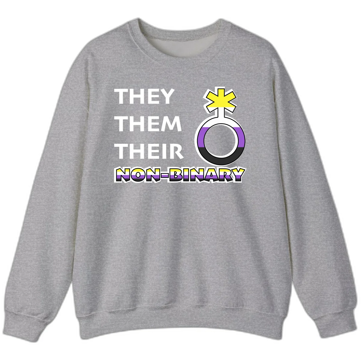 They/Them/Their Non-Binary Pride design featuring a female symbol in non-binary flag colors with bold text pronouns in Sport Grey