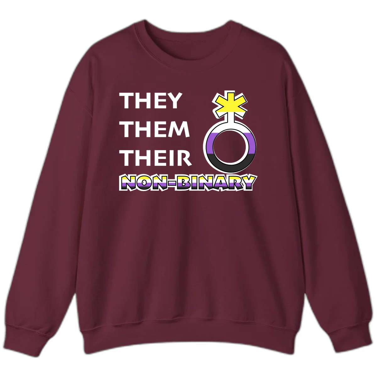 They/Them/Their Non-Binary Pride design featuring a female symbol in non-binary flag colors with bold text pronouns in Maroon