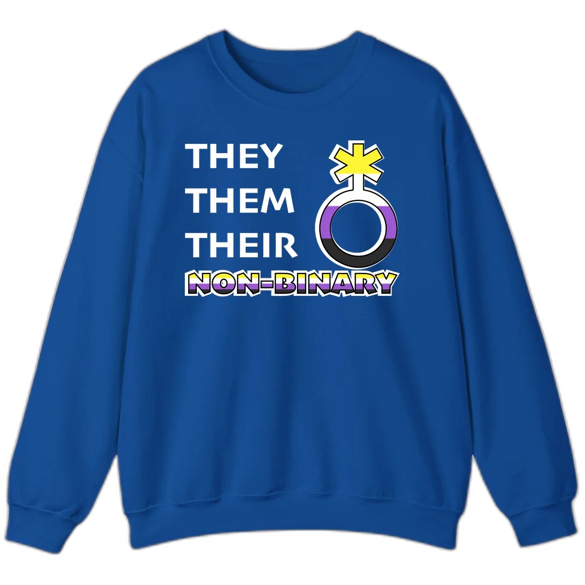 They/Them/Their Non-Binary Pride design featuring a female symbol in non-binary flag colors with bold text pronouns in Royal
