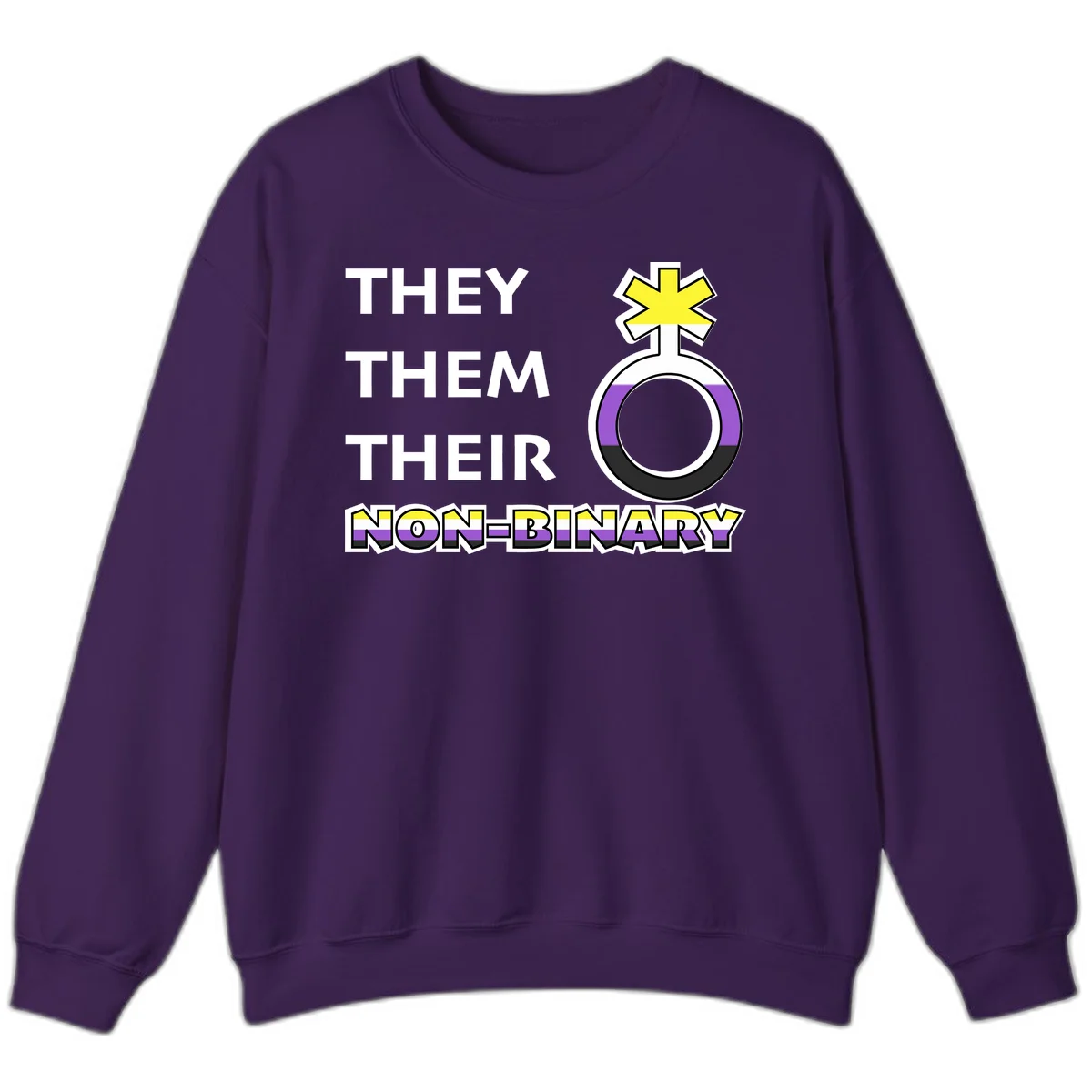 They/Them/Their Non-Binary Pride design featuring a female symbol in non-binary flag colors with bold text pronouns in Purple