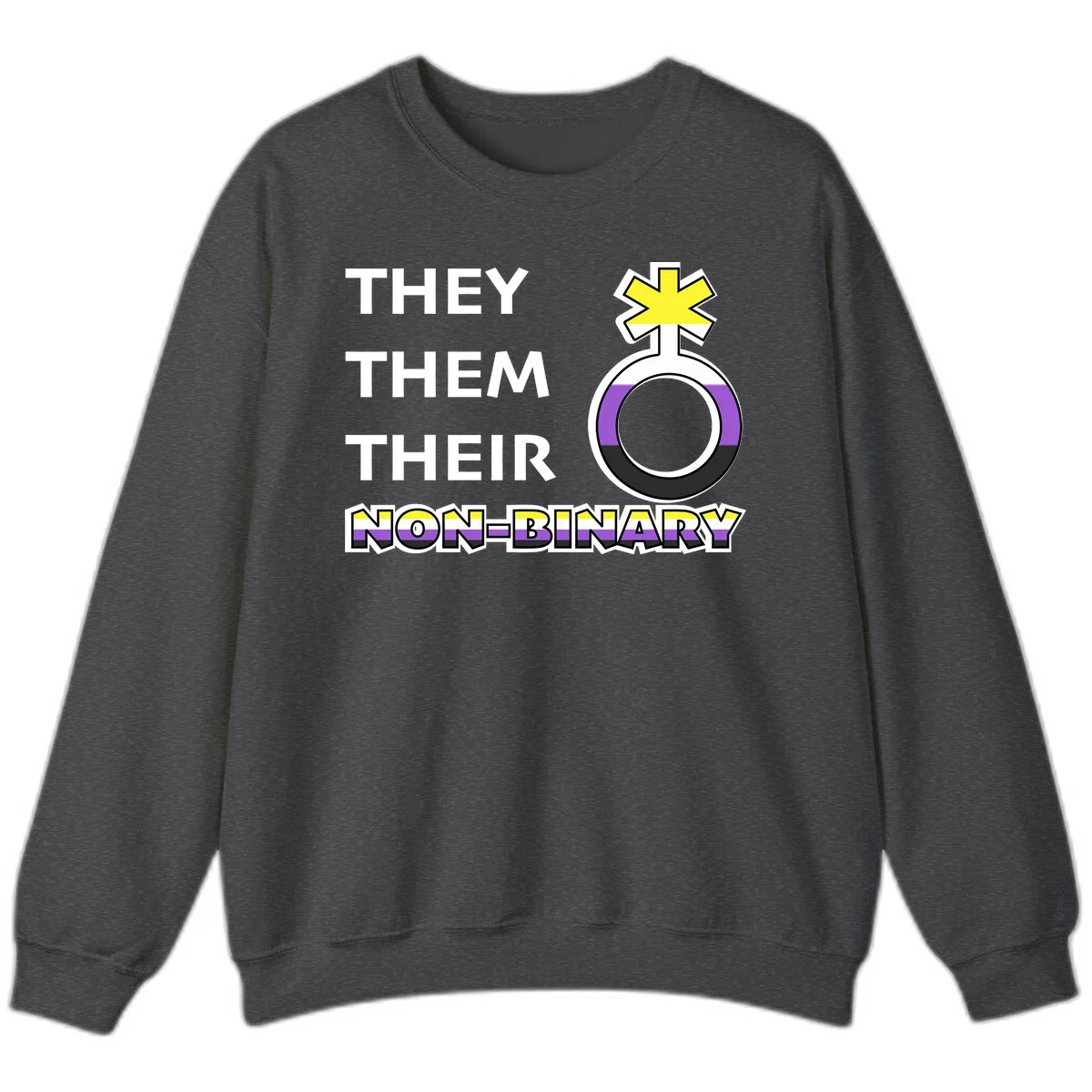 They/Them/Their Non-Binary Pride design featuring a female symbol in non-binary flag colors with bold text pronouns in Dark Heather