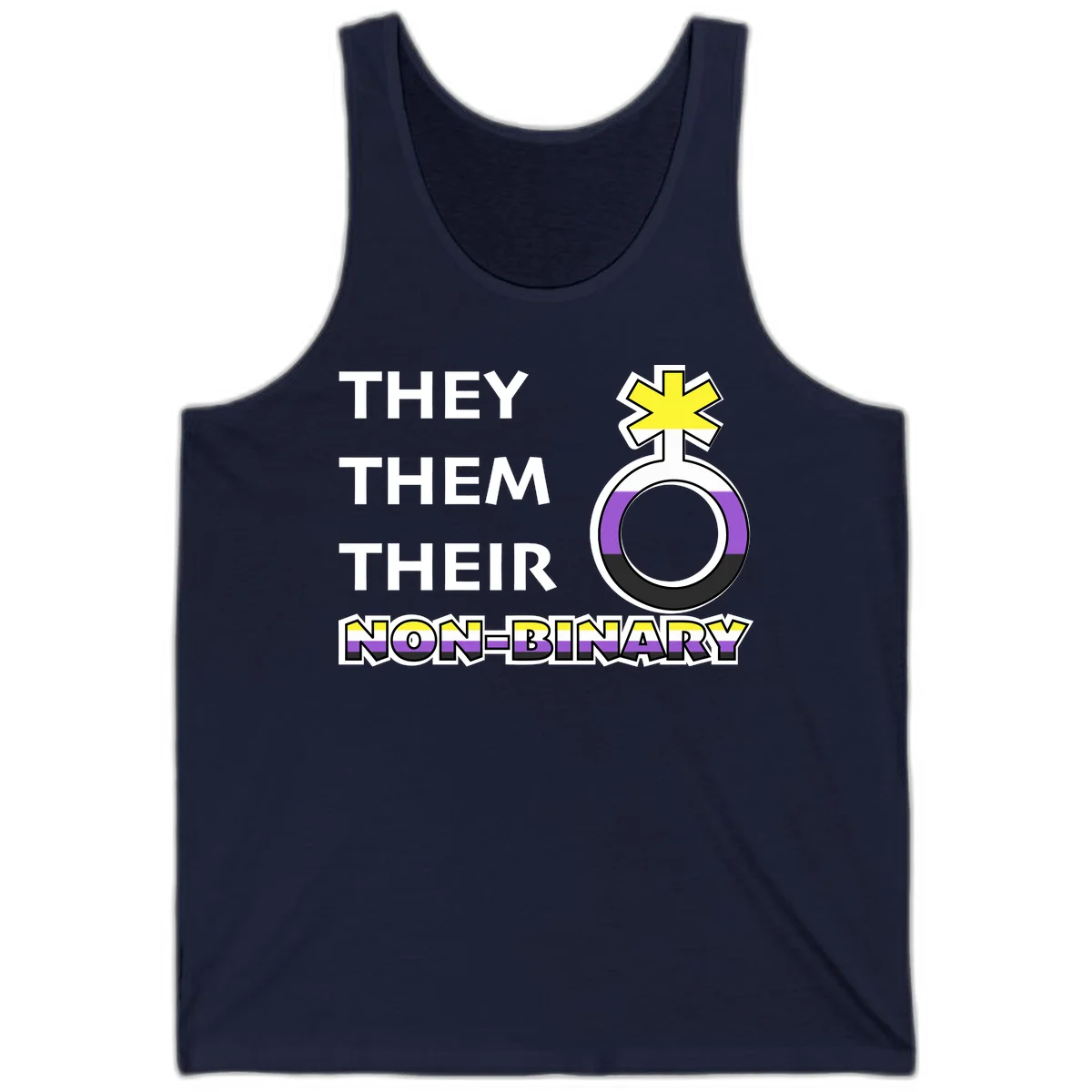 They/Them/Their Non-Binary Pride design featuring a female symbol in non-binary flag colors with bold text pronouns in Navy