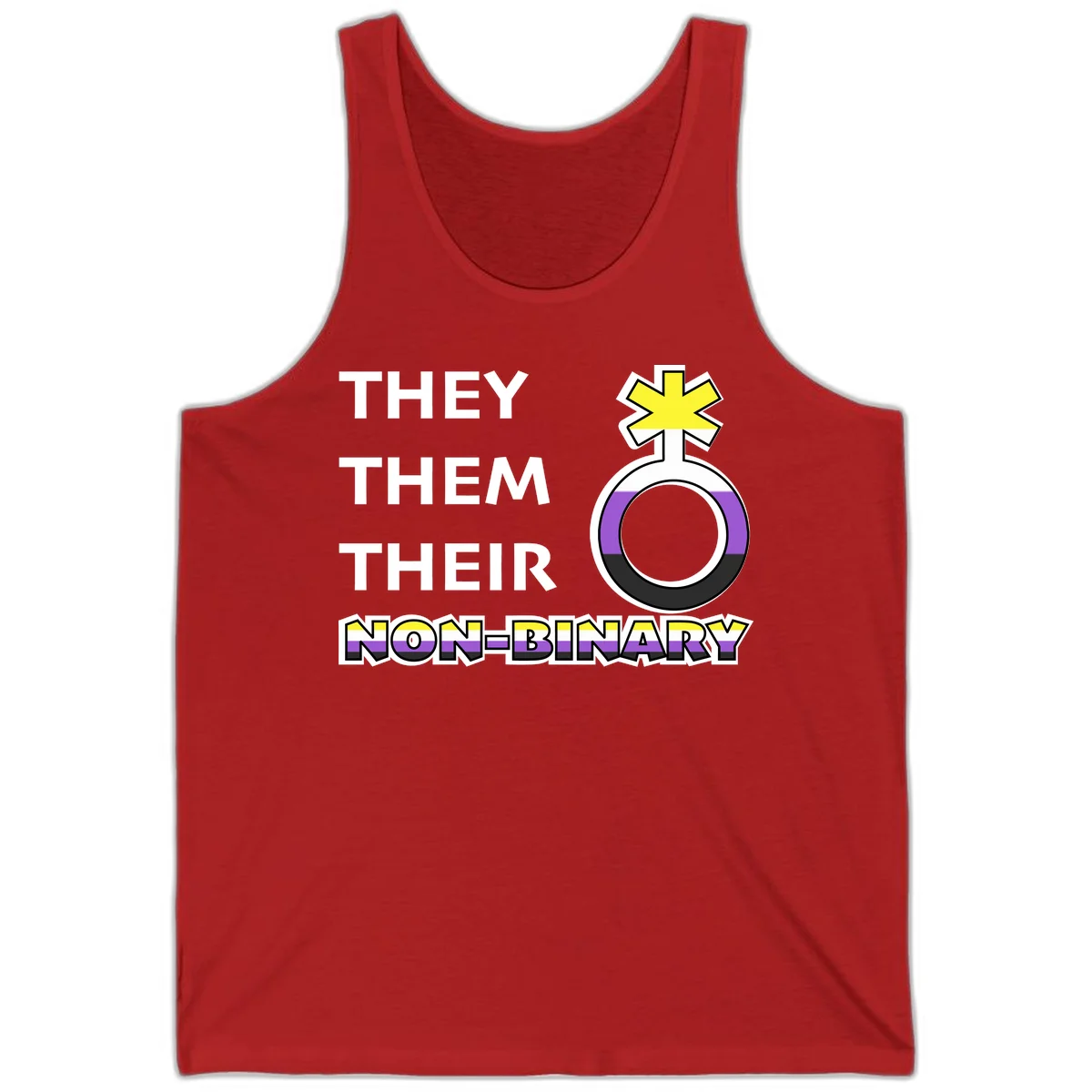 They/Them/Their Non-Binary Pride design featuring a female symbol in non-binary flag colors with bold text pronouns in Red