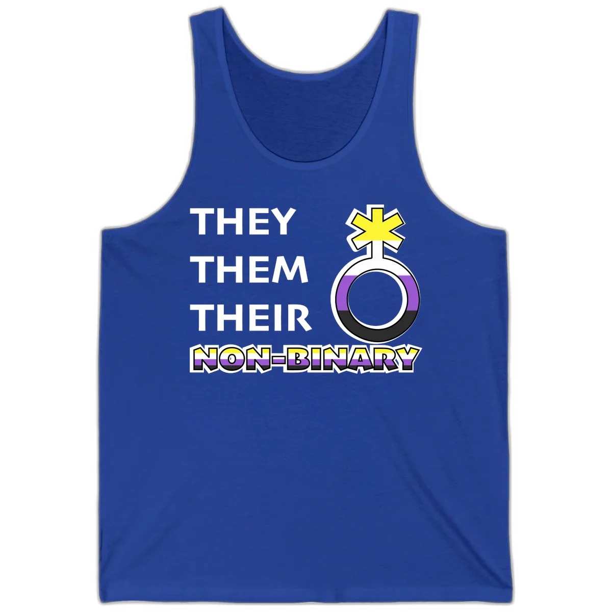 They/Them/Their Non-Binary Pride design featuring a female symbol in non-binary flag colors with bold text pronouns in True Royal