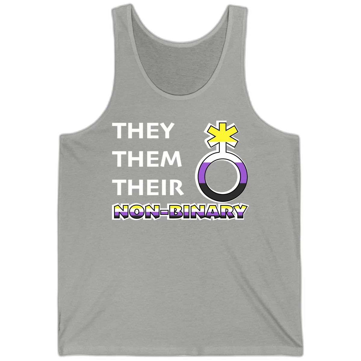 They/Them/Their Non-Binary Pride design featuring a female symbol in non-binary flag colors with bold text pronouns in Athletic Heather