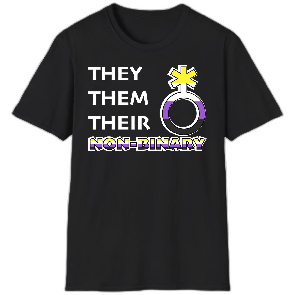 They/Them/Their Non-Binary Pride design featuring a female symbol in non-binary flag colors with bold text pronouns in Black