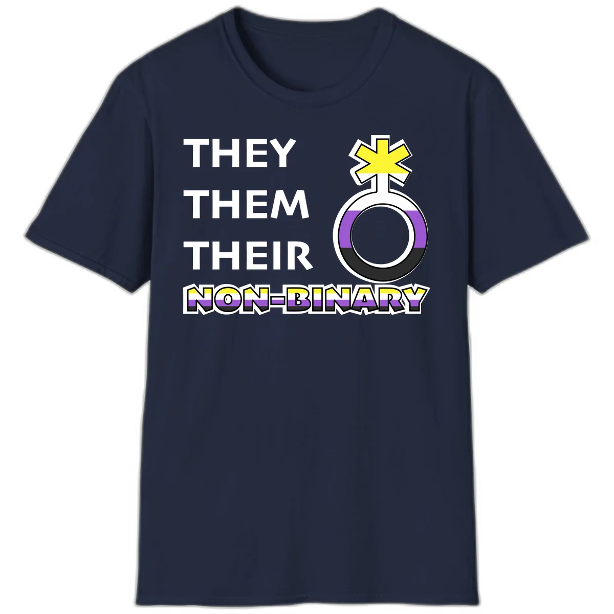 They/Them/Their Non-Binary Pride design featuring a female symbol in non-binary flag colors with bold text pronouns in Navy